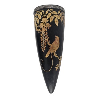 Art Deco Tokanabe Style Wall Pocket Vase Black Gilt Bird Floral Decor 9.5" Japan For Sale