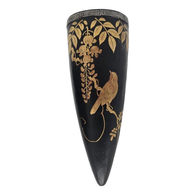 Art Deco Tokanabe Style Wall Pocket Vase Black Gilt Bird Floral Decor 9.5" Japan For Sale