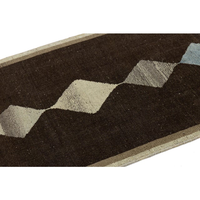 Tribal Hand-Knotted Modern Gabbeh Wool Runner – Dark Brown Tribal With Diamond Pattern For Sale - Image 3 of 7