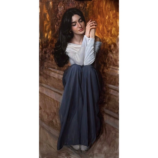 This portrait captures a contemplative figure seated gracefully, enveloped in a serene atmosphere. The soft interplay of...