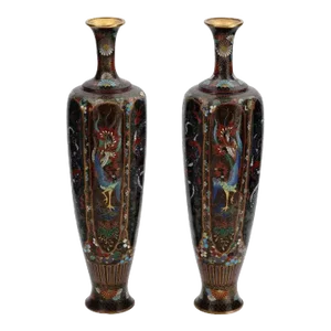 Rare High Quality Pair of Meiji Japanese Cloisonne Enamel Vases Dragons and Hoho Birds Signed Ota
