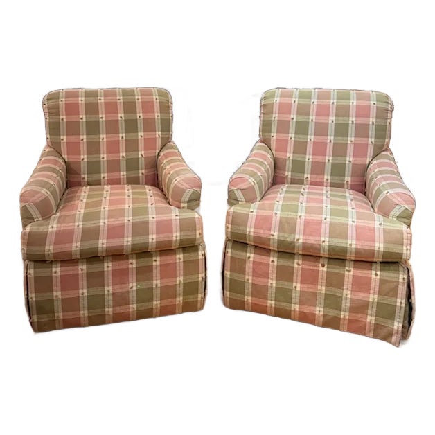 Pair of Pink and Green Plaid Upholstered Armchairs For Sale