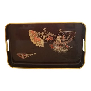 Vintage Japanese Black Laquer Enameled Serving Tray For Sale
