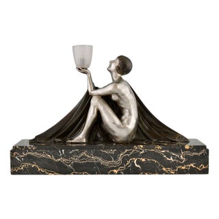 Art Deco Bronze Table Lamp with Figurine by Lormier, 1925 For Sale