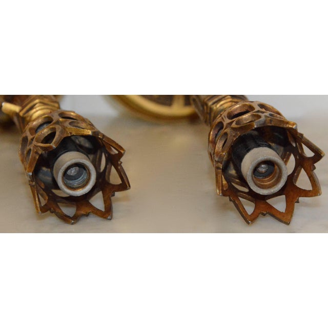 Metal Pair of Art Deco Bronze Lamps With Iridescent Shades For Sale - Image 7 of 11