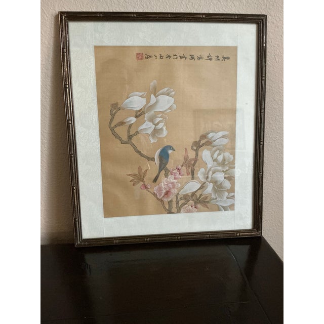 Beautiful Framed East Asian Botanical and Bird Painting For Sale - Image 4 of 12