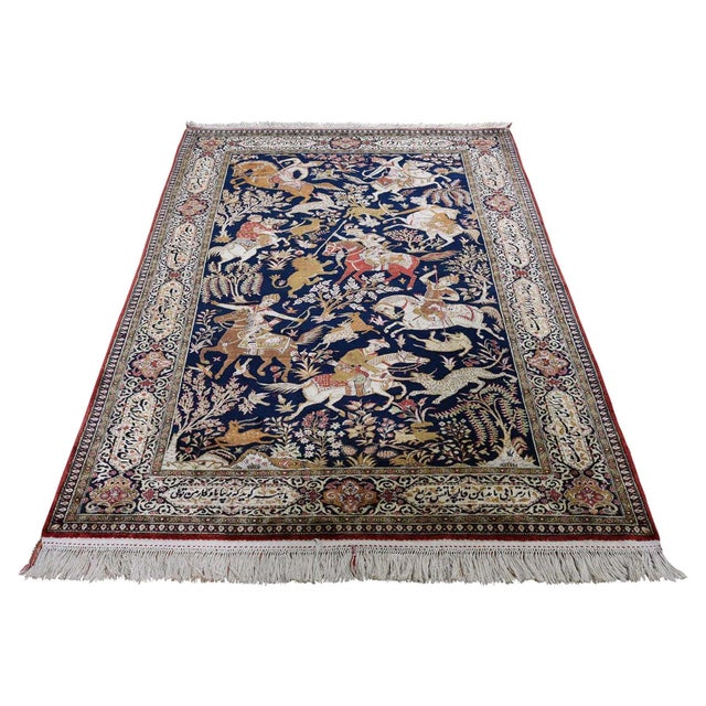 Textile Vintage Persian Navy Blue Silk Qum Hunting & Poetry Design Rug For Sale - Image 7 of 7