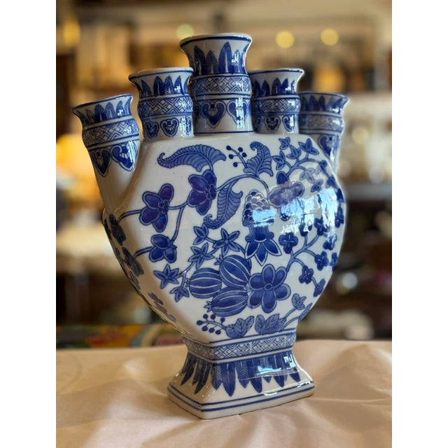 Vintage Chinese Blue and White Tulip Vase Vase For Sale - Image 9 of 9