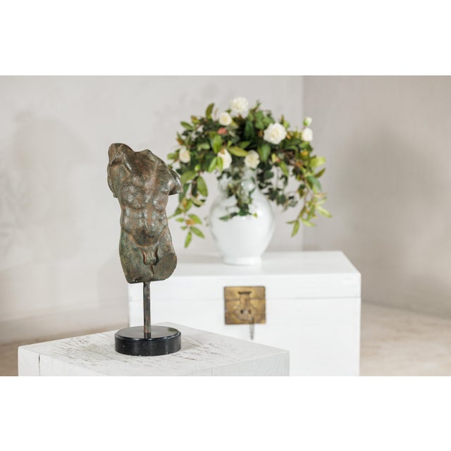 Late 20th Century Small Male Torso Bronze Sculpture on Circular Marble Base For Sale - Image 9 of 15