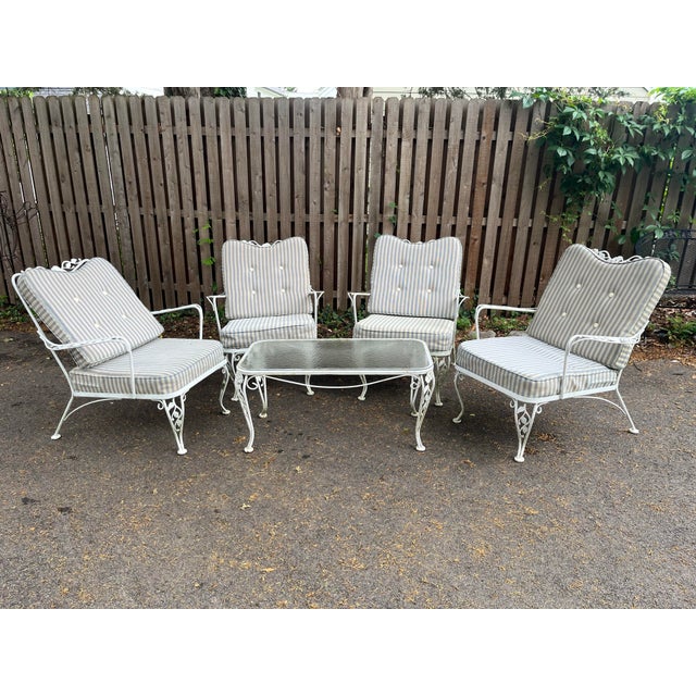 Mid-Century Modern Vintage 1950s Woodward Style Wrought Iron White Chantilly Rose Pattern Set of 5 With Water Proof Cushion Patio Furniture For Sale - Image 3 of 7