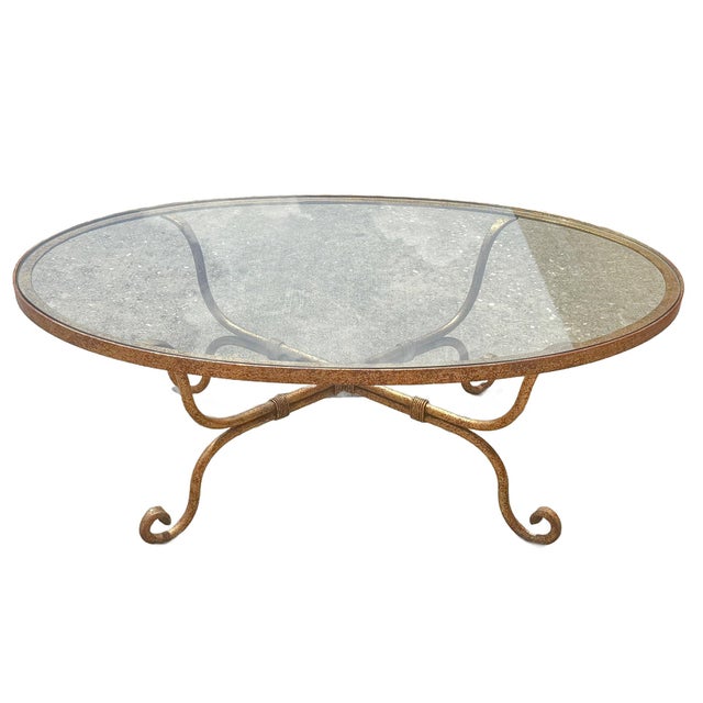 Late 20th Century Hollywood Regency Gilt Wrought Iron Glass Top Oval Cocktail Table For Sale - Image 4 of 16