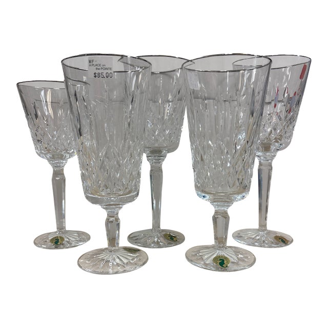 Lismore Platinum Two Goblets, Two Ice Beverages, and One Wine Glass by Waterford- 5 Pieces For Sale