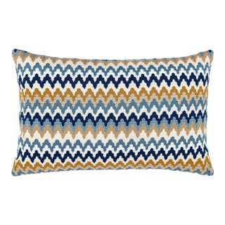 Scalamandre 22" x 14" Rainbow Mountain Crewel Pillow in Denim Gold For Sale