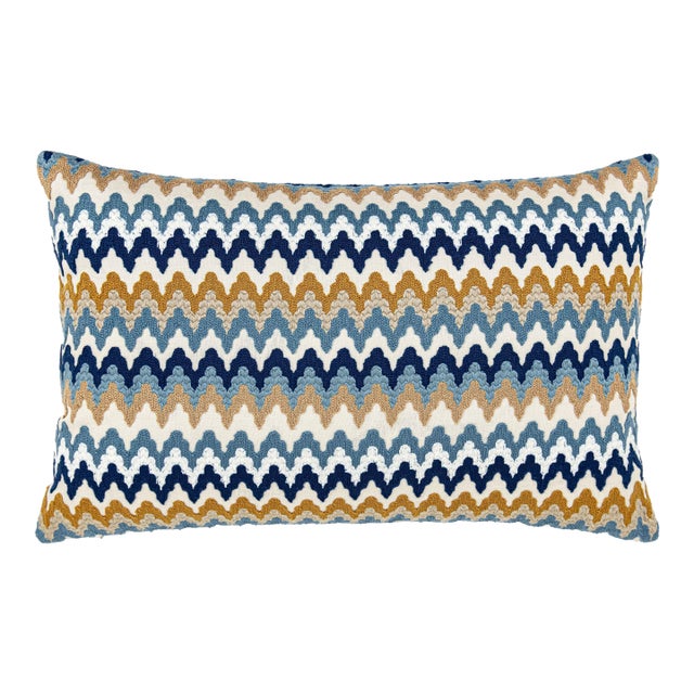 Scalamandre 22" x 14" Rainbow Mountain Crewel Pillow in Denim Gold For Sale