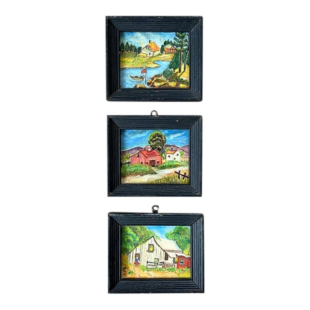 Folk Art, Americana Small Oil Paintings - Collection of 3 in Original Wood Frames For Sale