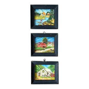 Folk Art, Americana Small Oil Paintings - Collection of 3 in Original Wood Frames