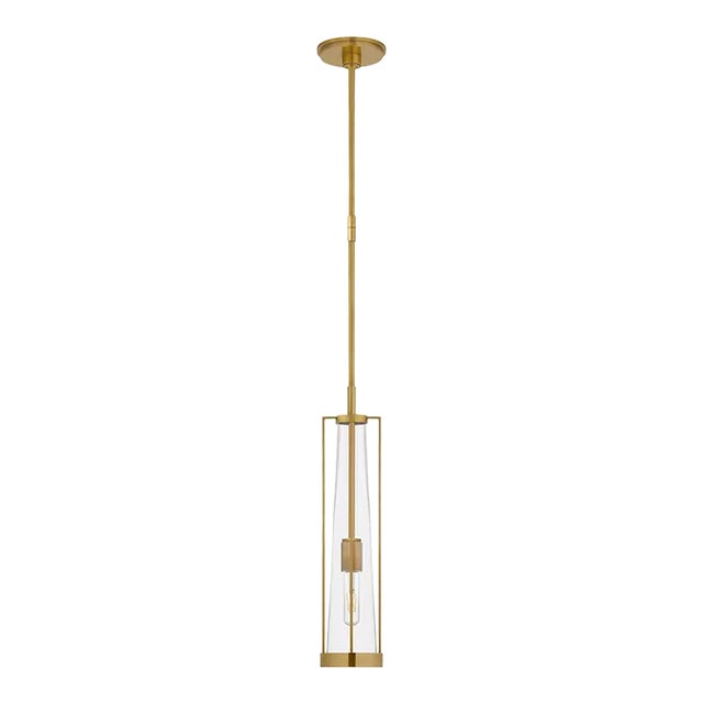 Thomas O'Brien for Visual Comfort Signature Calix Tall Pendant in Hand-Rubbed Antique Brass with Clear Glass For Sale