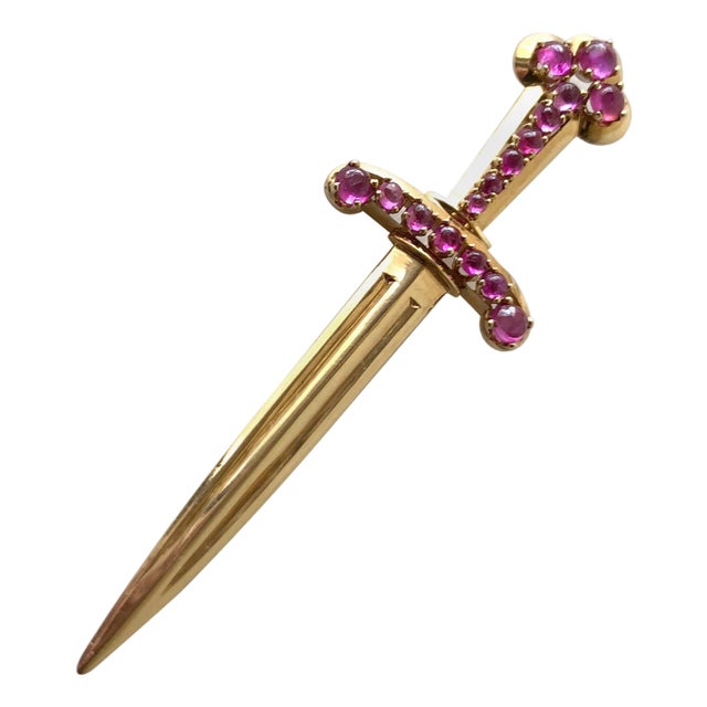 1950s Paul Lackritz Rose Gold Ruby Sword Pin with Original Box For Sale