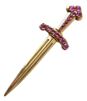 1950s Paul Lackritz Rose Gold Ruby Sword Pin with Original Box