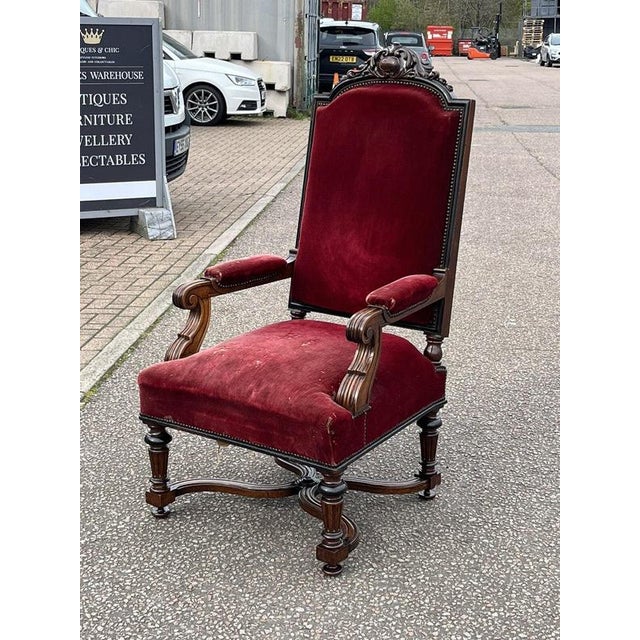 Victorian Walnut Armchair, Country House Armchair. Walnut frame. Bun feet. Really grand shape Sizes :- 130 cms tall, 66...