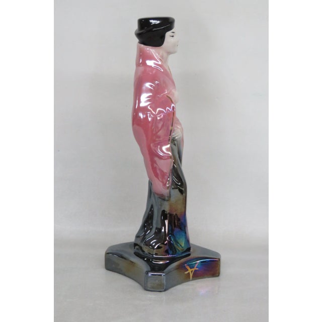 Mid 20th Century Japanese Lusterware Iridescent Pink and Black Man in Kimono Figurine For Sale - Image 5 of 12