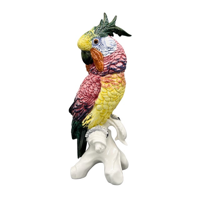 Chelsea House Inc Pair of Italian Chelsea House Vintage Hand-Painted Ceramic Cockatoo Parrot Figures – Hollywood Regency / Tropical Revival For Sale - Image 4 of 12