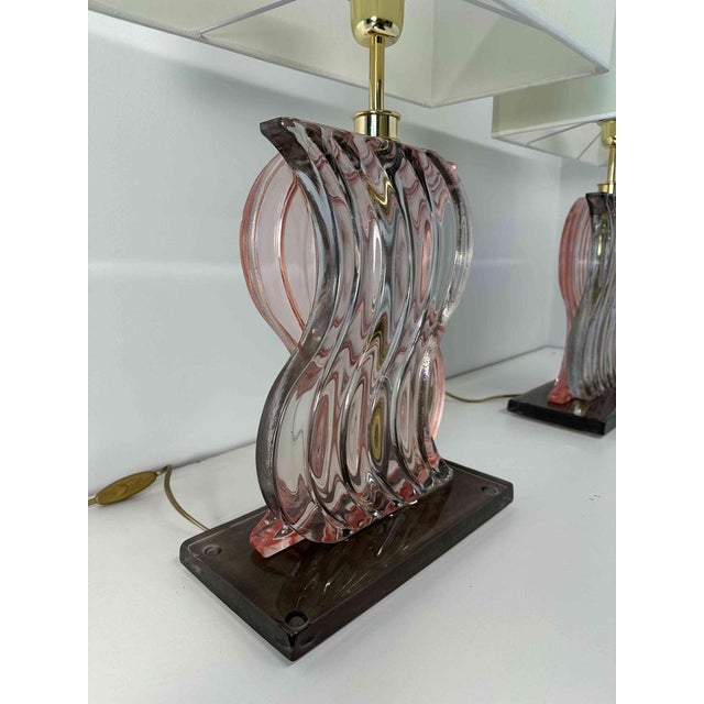 2000 - 2009 Art Deco Style Pink Murano Glass Table Lamps, 2000s, Set of 2 For Sale - Image 5 of 10