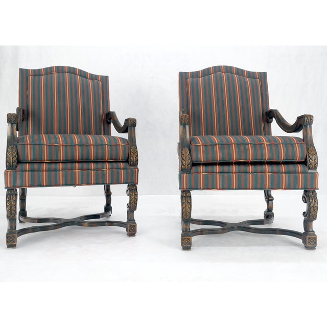 Pair of Carved Bases & Arms Striped Upholstery Fire Side Arm Lounge Chairs MINT! For Sale - Image 6 of 18