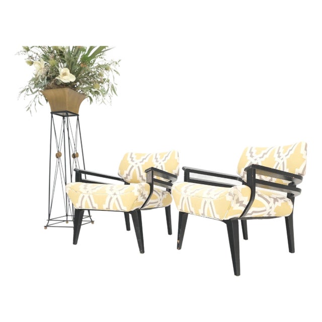 Pair of Mid-Century Modern Black Lacquer Abstract Fabric Lounge Chairs AS IS For Sale