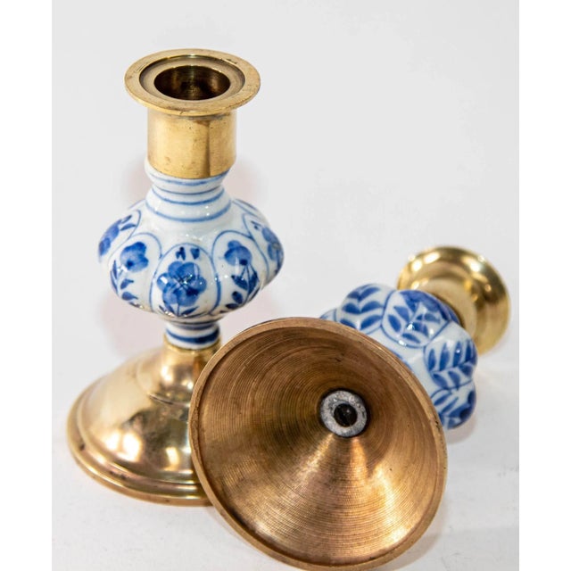 Blue Vintage Delft Floral Blue and White Ceramic and Brass Candlesticks, a Pair 1950s For Sale - Image 8 of 9