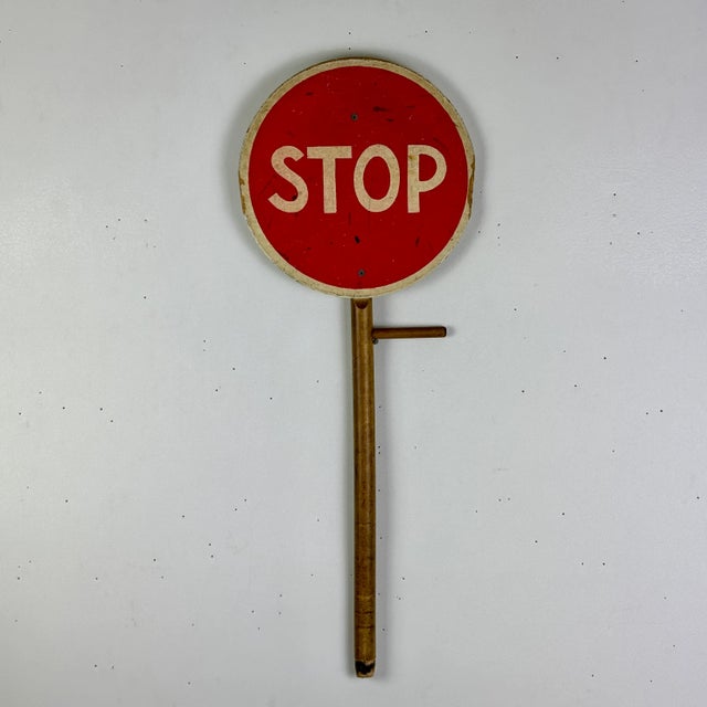 A unique vintage hand held wooden STOP/GO sign. Estimating Mid-Late 20th Century. Nice bright colors still adorn this...