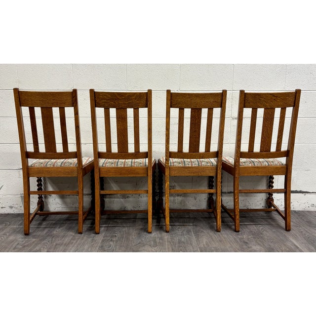 Vintage English Style Barley Twist Tiger Oak Pub Dining Chairs - Set of 4 For Sale - Image 11 of 13