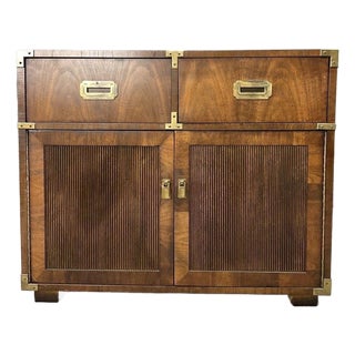 Vintage Lane Campaign Walnut Server Cabinet | Mid Century Modern Buffet | Brass Hardware Storage Cabinet For Sale
