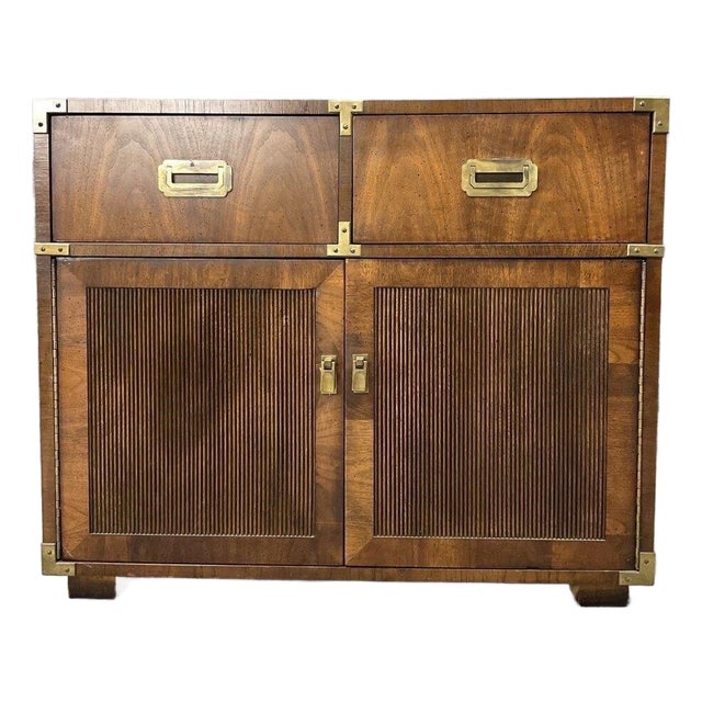 Vintage Lane Campaign Walnut Server Cabinet | Mid Century Modern Buffet | Brass Hardware Storage Cabinet For Sale