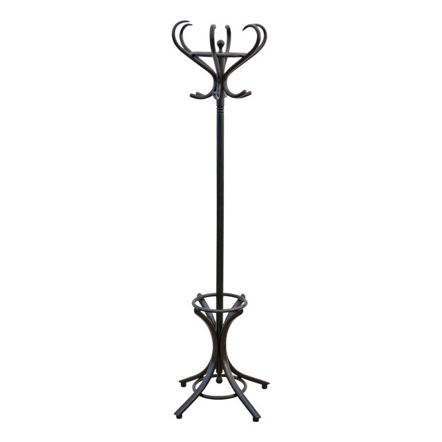 Antique Ebonised Bentwood Hallway Coat Rack with Hat, Stick and Umbrella Stand, 1920s For Sale