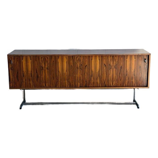 In Style of Richard Young for Merrow Associates Rosewood Sideboard Credenza Chrome Base Storage Unit MCM United Kingdom 1970s For Sale