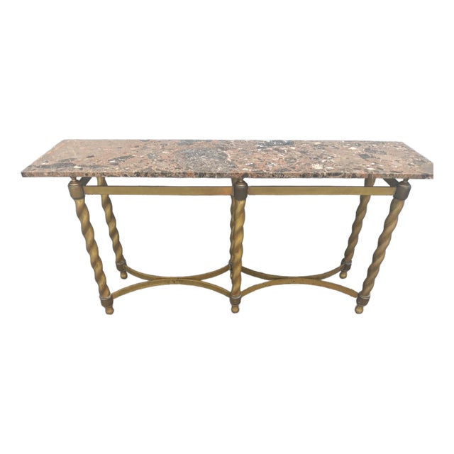 1960's Vintage Traditional Brass Twist With Marble Top Sofa Table/ Long Console Table For Sale