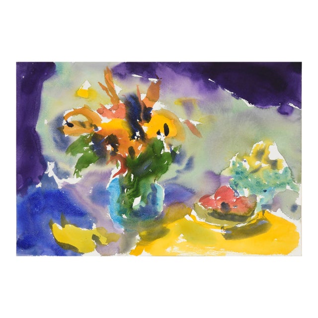 Abstract Still Life With Bouquets and Fruit in Watercolor on Paper by Les Anderson For Sale