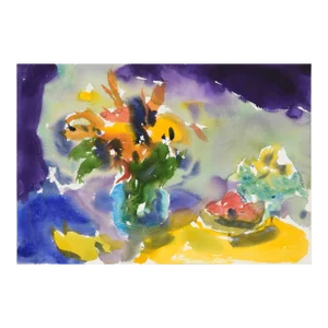 Abstract Still Life With Bouquets and Fruit in Watercolor on Paper by Les Anderson