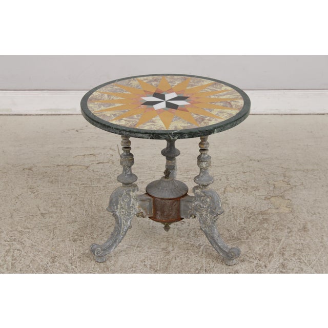 Age: Approx: 70 Years Old Details: Gorgeous Inlaid Pietra Dura Marble Top Distressing Metal Base ‘Aged’ Distressed Painted...