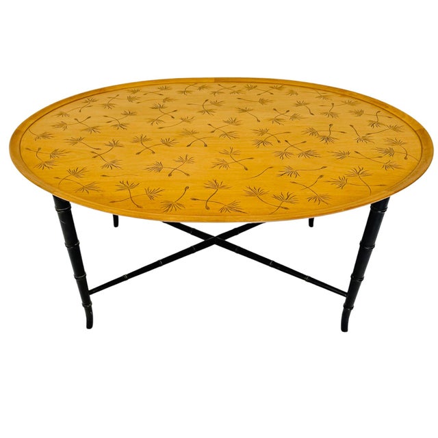 Brown Vintage Mid-Century Modern Oval Cocktail Table With Dandelion Motif on Lacquered Faux Bamboo Base by Kittinger For Sale - Image 8 of 10