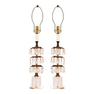 1970's Hollywood Regency Pineapple Cut Glass & Brass Lamps with Hanging Crystals on Lucite Bases - a Pair For Sale