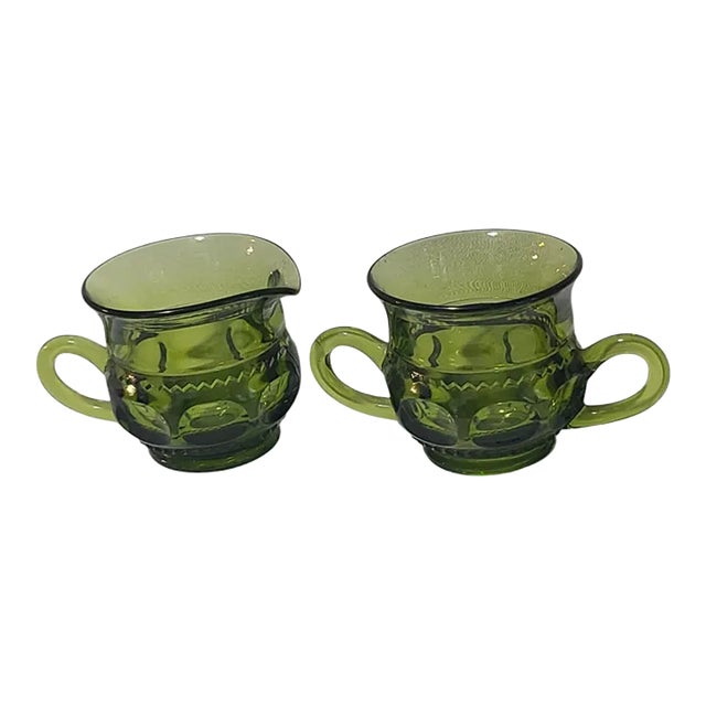 Vintage Green Indiana Glass Thumbprint Creamer & Sugar Set- 2 Pieces For Sale