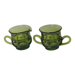 Vintage Green Indiana Glass Thumbprint Creamer & Sugar Set- 2 Pieces