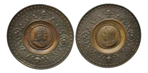 Antique Embossed Copper Neoclassical Bach and Haendel Charger Plates - A Pair