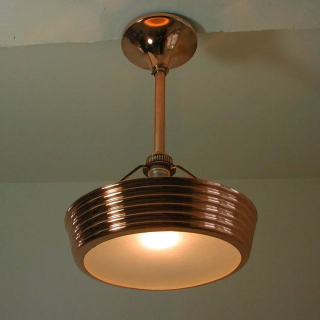 French Art Deco Copper and Satin Glass Flush Mount Pendant, 1930s For Sale - Image 10 of 12