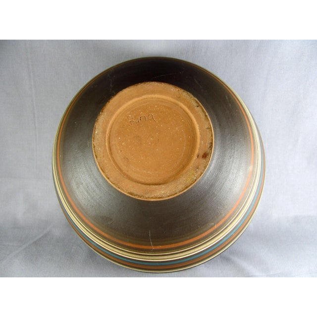Brown 1970s Israel Rina Peleg Style Blue & Brown Striped Studio Art Pottery Salad Bowl For Sale - Image 8 of 11