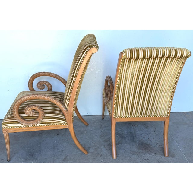 Pair French Modern Carved Feather Scroll Arm Lounge Chairs, Style Maison Jansen For Sale - Image 17 of 18