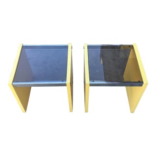 Pair of 1970s Mod Cube Side Tables – Yellow Lacquer, Chrome Stretchers & Smoked Glass Tops For Sale