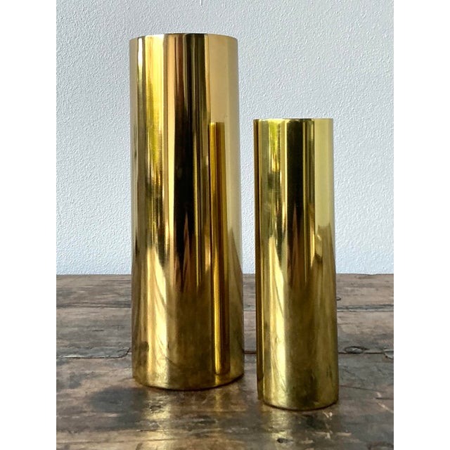 Vintage Boho Brass Cylinder Vases - Set of 2 For Sale - Image 10 of 12